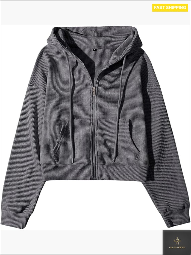 Cropped Zip Up Hoodie Waffle Knit Sweatshirt Jacket Lightweight Casual